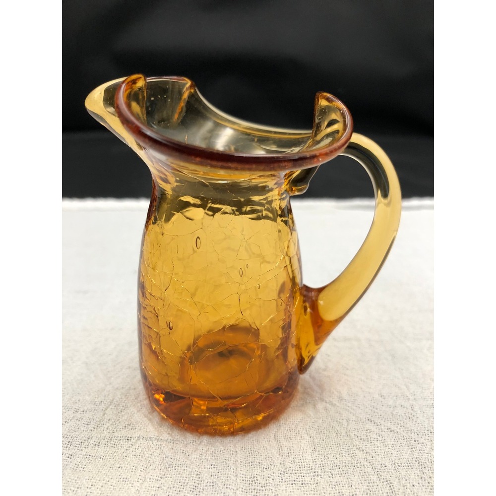 Vtg Amber Crackle Glass Pitcher Mini Creamer Ruffled Rim Cottagecore Whimsigoth